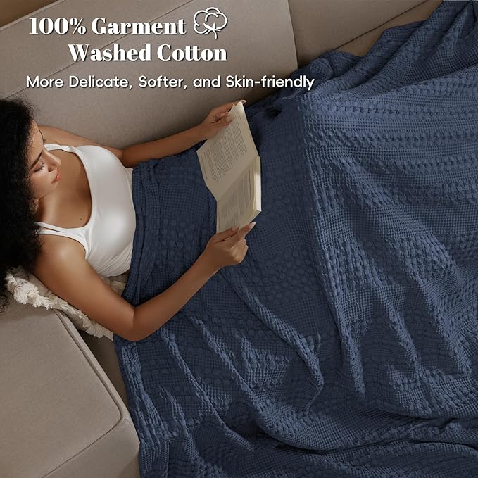 PHF 100% Cotton Waffle Weave Blanket King Size for Bed, Soft Lightweight & Breathable for Spring and Summer, All-Season Comfort, Luxury Aesthetic Blanket for Home Decor, 108"x90", Indigo