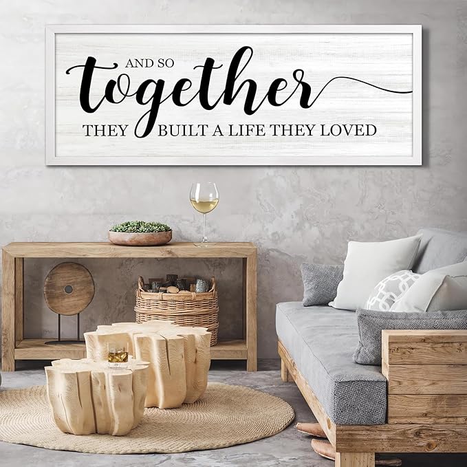 And So Together They Built A Life They Loved Decorative Rustic Sign & Plaque Framed Wall Art for Couples, 40''×15'' Vintage Horizontal Wooden Wall Decor Above Bed, Farmhouse Wedding Gift