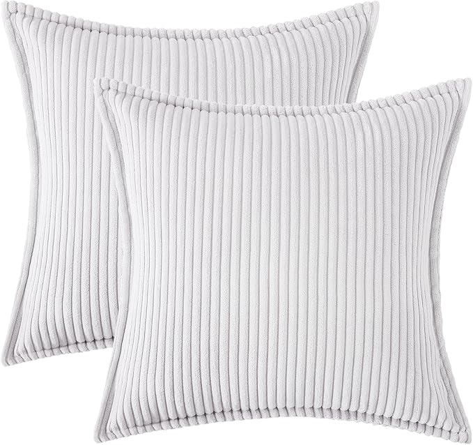 Mecatny Corduroy Throw Pillow Covers 20x20 Set of 2, Neutral Decorative Soft Boho Couch Pillow Covers with Broadside for Sofa Living Room, Grey