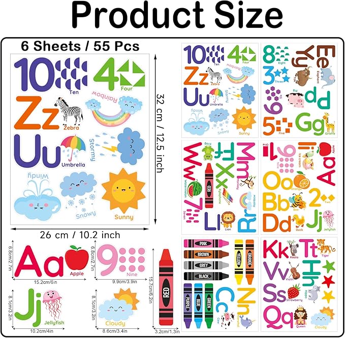 Animal Alphabet Numbers Wall Decals - 6 Sheets 55 Pcs Colorful Educational Wall Decor Peel and Stick Removable Numbers Letters ABC Stickers for Kids Daycare Nursery Playroom Classroom Bedroom