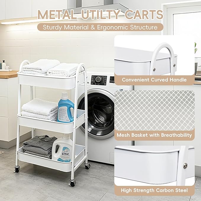 Baby Diaper Caddy Cart 3-Tier Metal Rolling Cart Nursery Storage Organizer for Baby Diapers and Newborn Essentials Storage