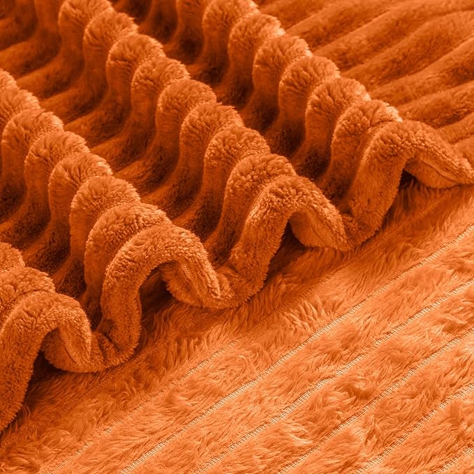 Bnuitland Orange Fleece Throw Blanket 90"x108",300GSM Large Big Soft Cozy Warm Lightweight Stripe Pattern for Bed Sofa Home Decor,Suitable for Adults Family All Season