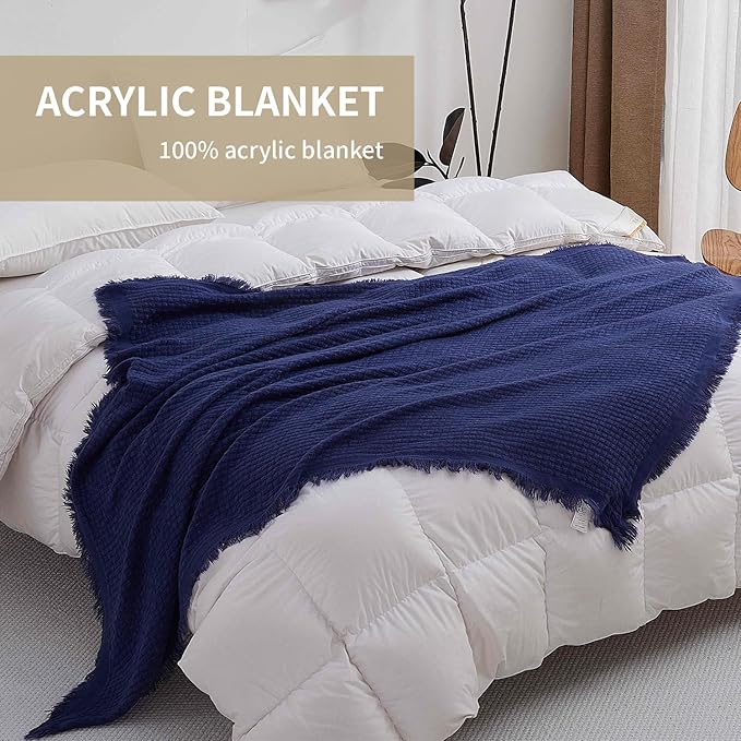 100% Acrylic Decorative Knitted Throw Blanket with Tassels for Bed, Couch, Small, Chairs, Lightweight, Soft, Cozy, Waffle Textured Blanket, Suitable for Spring, Summer, Navy, 50"x60"