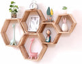 WONFUlity Hexagon Floating Shelves Honeycomb Shelves Wall Mounted Wood Farmhouse Storage Wall Shelf for Bathroom, Kitchen, Bedroom, Living Room,Driftwood Finish Decor,Light Brwon