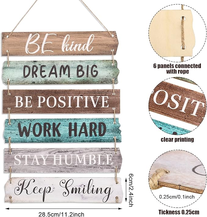 6 Pieces Rustic Wall Hanging Plaque Sign Inspirational Wall Art Farmhouse Wooden Door Signs Positive Plaque with Quotes Motivational Quote Decor for Office Bedroom Living Room(Retro Style)