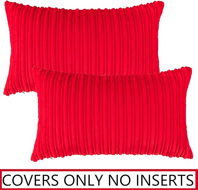 UGASA Pack of 2 Christmas Velvet Pillow Covers Striped, Soft Textured Throw Cushion Case Set, Accent Corduroy Lumbar Pillowcases with Hidden Zipper for Home Decor Indoor Outdoor (12"x20", Red)
