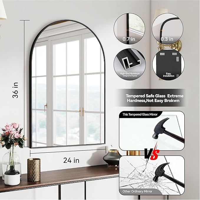 36x24 Arch Mirror Rectangle Full Length Wall Mounted Hanging or Against Wall Metal Aluminium Alloy Frame Dressing Make-up Mirrors for Entryway Bedroom Bathroom Living Room 36 24 inch Black