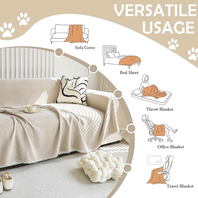 HANDONTIME Corduroy Sofa Covers for Kids Light Khaki Couch Slipcover Jacquard Sectional Covers Cozy Couch Cover Protector Chenille Sofa Covers Washable Pet Protector Furniture Covers, 91" X150"