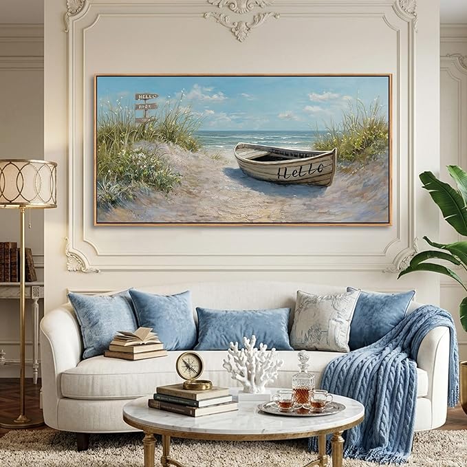 AJAZIKO Coastal Canvas Wall Art Paintings - Beach Wall Pictures for Living Room with and Ocean Themes - Boat Wall Decor and Ocean Wall Art for Home Artwork for Walls 24×48IN