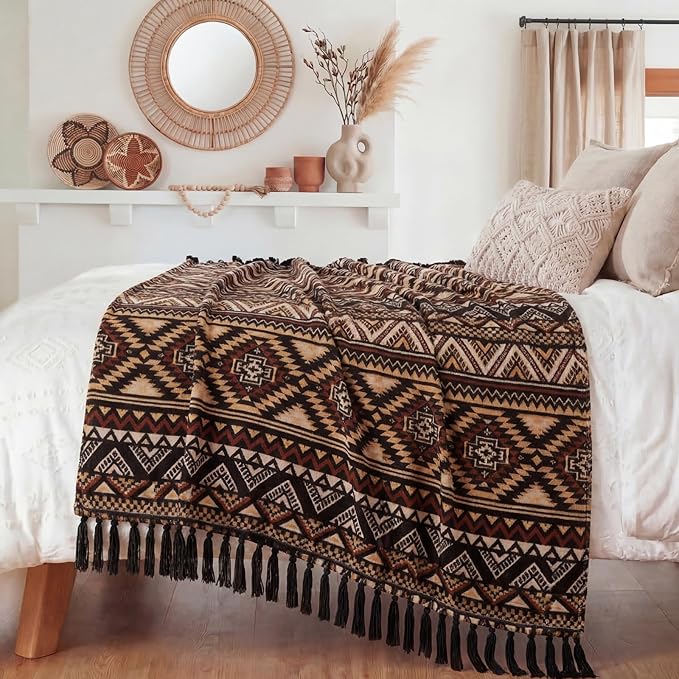 CASAAGUSTO Boho Throw Blanket - Brown Black Decorative Blankets with Tassel, Printed Flannel Bohemian Blanket for Chair, Bed, Sofa, Couch(60 * 80, Brown Black)