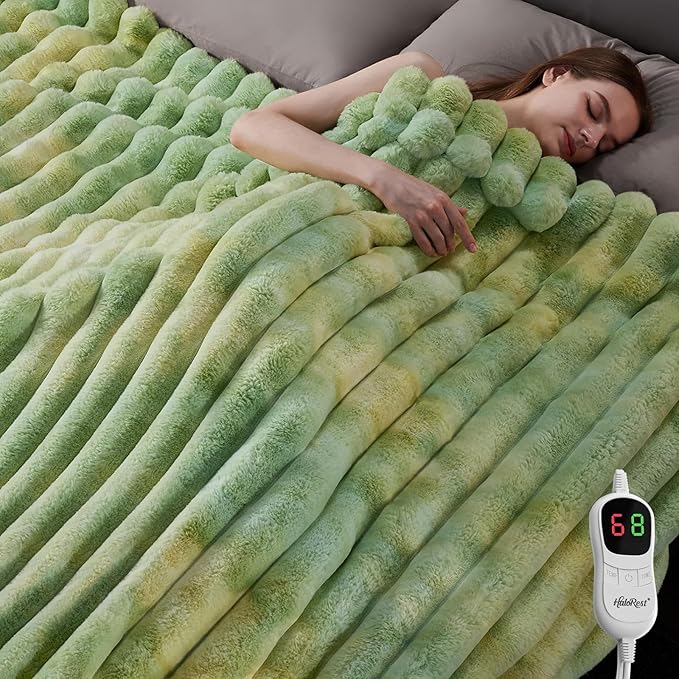 Heated Throw Blanket, Faux Fur Cozy Heating Blanket with Overheat Protection, 1/2/4/6/8 Hours Auto-Off 10 Heat Level, Machine Washable (72x84 I Inches, Tie-Dye Green)