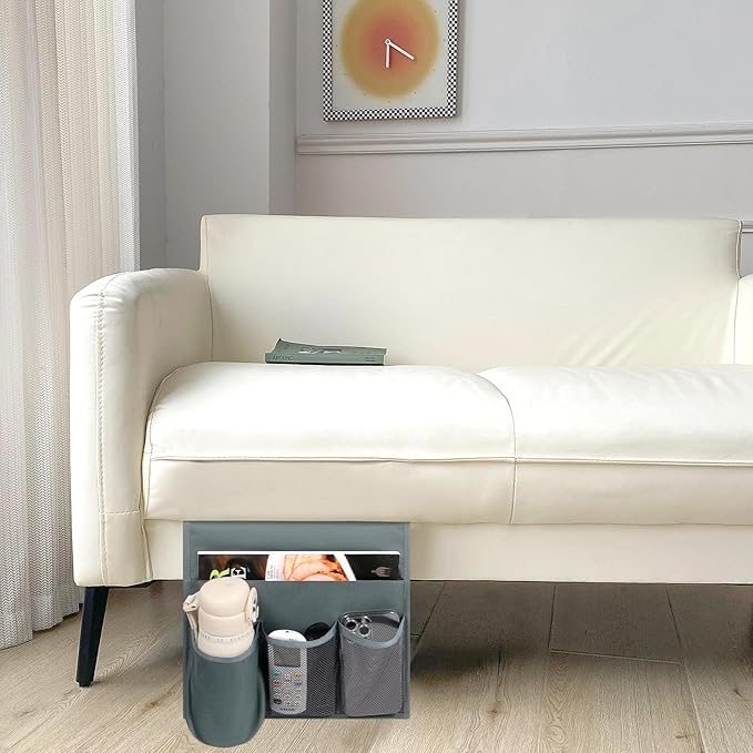 WOMACO Bedside Remote Control Holder, Bed Caddy with Water Bottle Holder Bed Side Organizer for Phones, Magazines, Tablets, Accessories - Medium, Gray