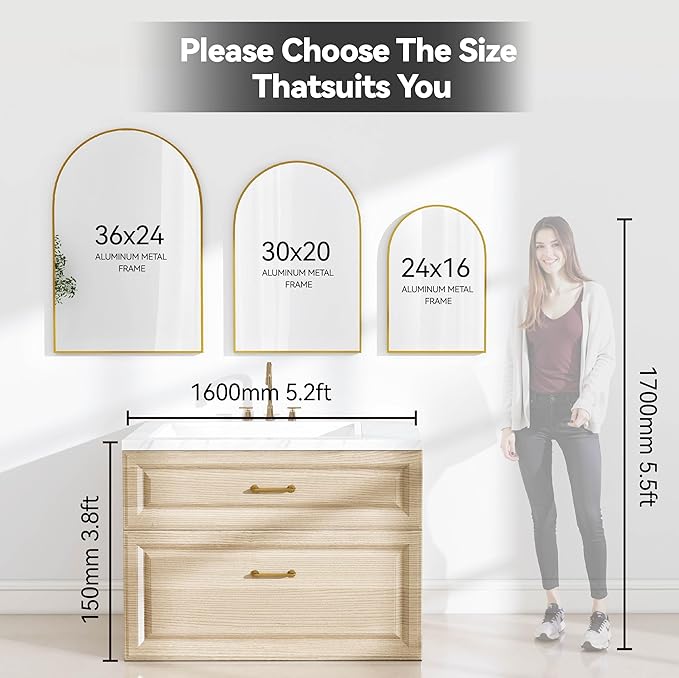 30x20 Arch Mirror Rectangle Wall Mounted Hanging or Against Wall Metal Aluminum Alloy Frame Mirrors for Entryway Bedroom Bathroom Living Room 30 20 inch Gold