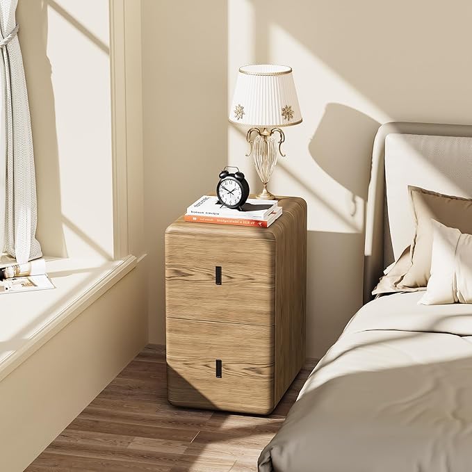 VICITON Narrow Nightstand with Drawers, Faux Leather Bedside Table, Solid Wood Drawer, Small Side Table for Bedroom (Leather Yellow Oak, 11.8" x 15.7" x 19.7")