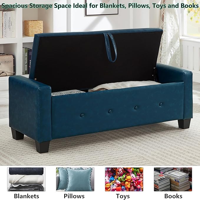 48" PU Leather Storage Ottoman Bench for Bedroom Bed End,Tufted Faux Leather Ottomans with Storage for Living Room,Bedside,Entryway,Modern Window Benches with Seating (PU Blue, 48")