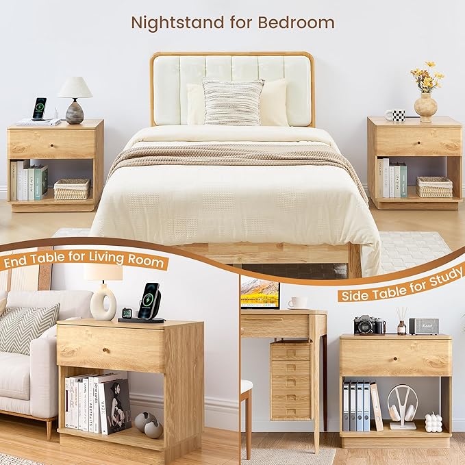 Modern Night Stand with Charging Station for Bedroom, Nightstand Bedside Table with Drawer and Storage Shelf for Bedroom (Natural-Charging Station-1 pc)