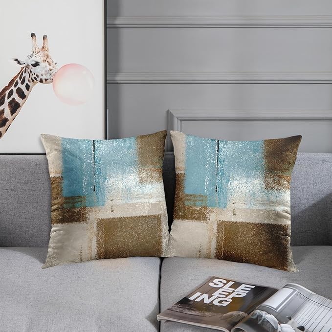 Britimes Throw Pillow Covers Modern Home Art Decor, 16 x 16 Inches Set of 2 Pillow Cases Decorative, Abstract Oil Painting Pillowcases for Bedroom, Living Room, Cushion Couch Sofa, Beige Blue