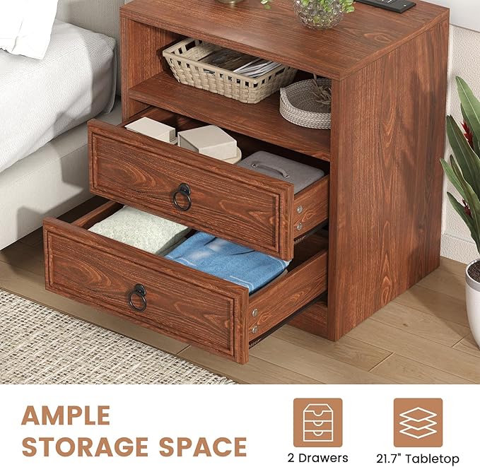 Farmhouse Nightstand with Charging Station, 21.7" Wide End Table with 2 Drawers & Open Compartment, Cherry Wood Side Table, Bedside Table for Bedroom, Living Room, Sofa