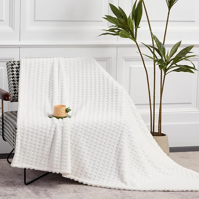 Soft Cozy Fuzzy Fleece Queen Size Blanket, Waffle Ivory White, 90x90 Inches – Lightweight, Fluffy, and Warm 3D Jacquard All-Season Blanket for Bed, Couch, Sofa, Camping, and Travel