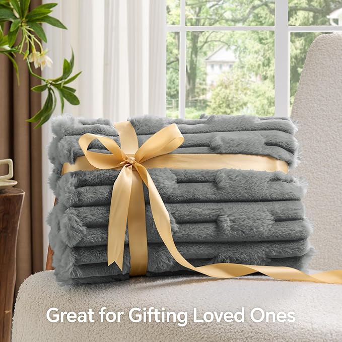 BEDELITE Faux Fur Grey Throw Blanket for Couch - Super Soft & Cozy Plush Striped Blanket for Sofa and Room Decor, Luxury Fluffy All-Season Blankets Gift for Women, Men, Mom, Dad, 50x60 inch, Grey