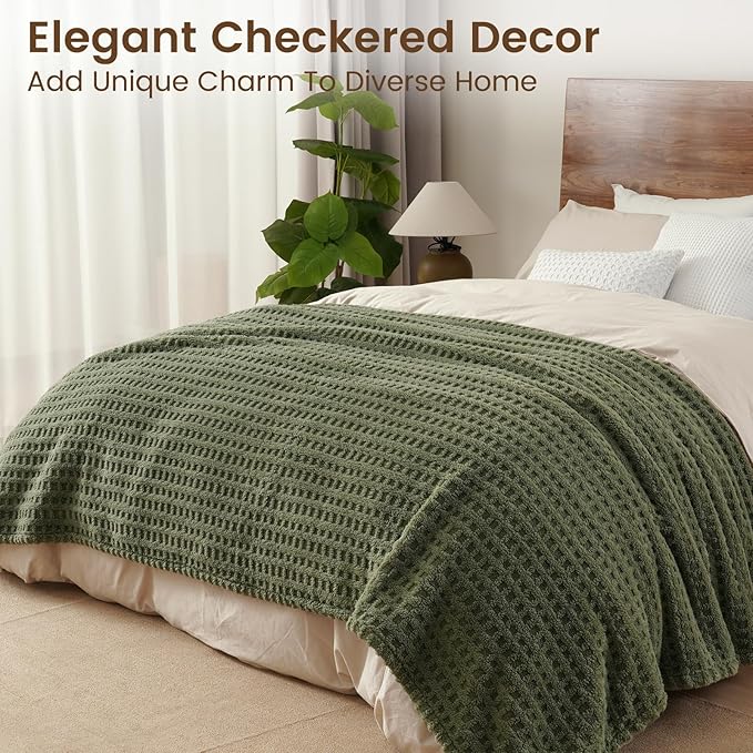 David's Home Ultra Soft Fleece Blanket Twin Size for Bed, Plush Shaggy Fluffy 3D Jacquard Waffle Throw for Couch, Warm Lightweight for Fall Winter,Fuzzy Aesthetic Room Decor,66x90 inches,Dark Olive