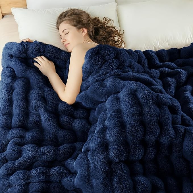 Exclusivo Mezcla Faux Fur Twin Size Blanket for Bed, Luxury Reversible 3D Rabbit Bubble Fuzzy Thick Sherpa Blankets for Winter, Plush Fleece Warm Cozy Bed Throw, 60x80 Inches, Navy Blue