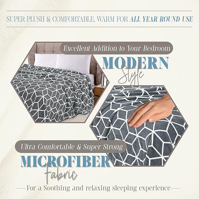 Elegant Comfort Luxury Velvety Feel Blanket, All-Season Lightweight Blanket, Ultra Plush, Soft, Cozy-Fuzzy Flannel Fleece for Couch, Sofa, Bed, Travel, Cube Design, King/California King, Gray
