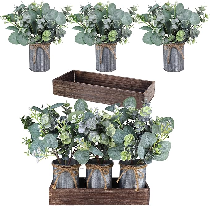 Set of 3 Farmhouse Galvanized Metal Pots Centerpiece Artificial Silver Dollar Eucalyptus Greenery Arrangement with Rectangle Wood Box for Table Desk Shelf Mantel Home Kitchen Indoor Decoration Gifts