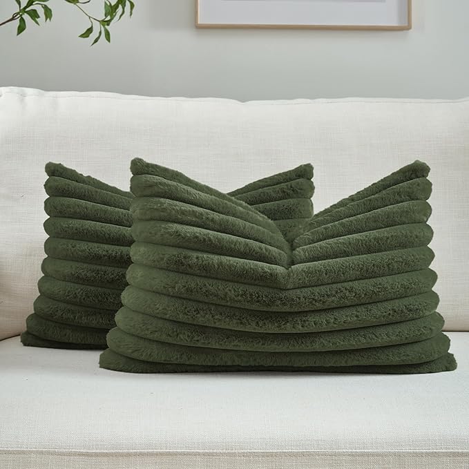 FUTEI Olive Green Decorative Throw Pillow Covers Set of 2, 12x20 Inch Soft Fluffy Faux Fur Plush Striped Lumbar Pillowcases, Modern Home Decor for Couch Bed Living Room