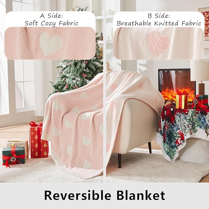 CozeCube Valentine's Day Love Heart Throw Blanket, Super Soft Romantic Fullfy Microfiber, Reversible Featival Blankets for Couch Bed Sofa, Warm Knit Christmas Decorative Gift Blankets, Pink 60"X80"