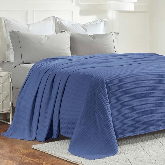 Superior JENA Cotton Blanket Picnic, Beach, Traveling or Camping, Bedroom Decor, Essentials, Cover for Bed, Couch, Lounging, Textured Jacquard, Modern Chevron Woven Blanket, Full/Queen, Merritt Blue