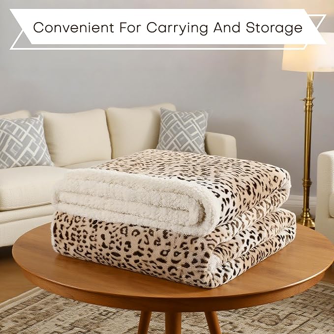 Electric Heated Blanket Queen Size 84"x90" - Microplush & Sherpa Fabric Dual-Sided, 9 Heat Settings & 10 Hours Auto Off, Cozy Warming Throw for Office or Bed, Machine Washable, Beige Leopard Print