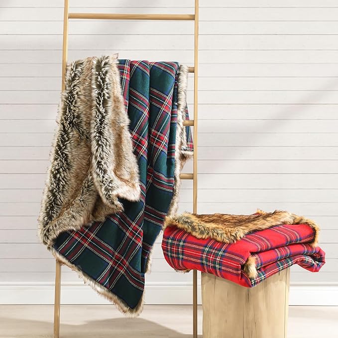 HORIMOTE HOME Luxury Plush Faux Fur Throw Blanket with Green Plaid Pattern, Super Warm, Fuzzy, Elegant, Fluffy Decoration Christmas Holiday Blanket for Couch, Armchair, Sofa and Bed, 60''x 80''