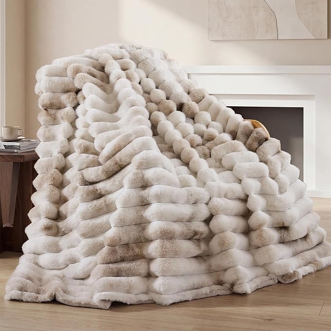 Smoofy Fluffy Faux Fur Throw Blanket - Super Soft Thick Plush Cozy Fuzzy Rabbit Fur, Luxury Warm Fleece Minky Stripe Blanket for Couch, Sofa, Room Decor Gift for Women, Tie Dye Brown Throw, 50x60