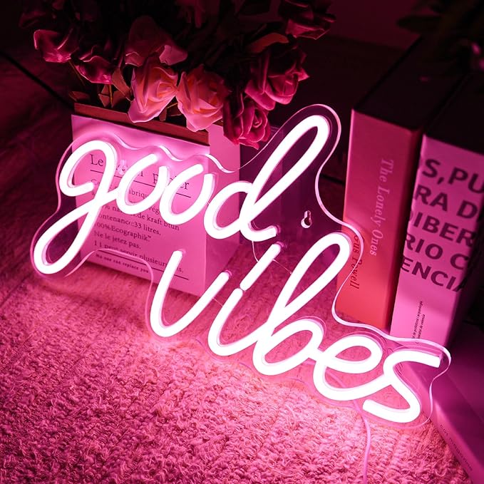 Good Vibes Neon Sign for Wall Decor, Good Vibes Neon Lights Goodvibes LED Light Sign for Bedroom Decor, Game Room, Birthday Party, Wedding, Bar, Home, Girl Cave, Pink, (15.91 x 9.69 inch)