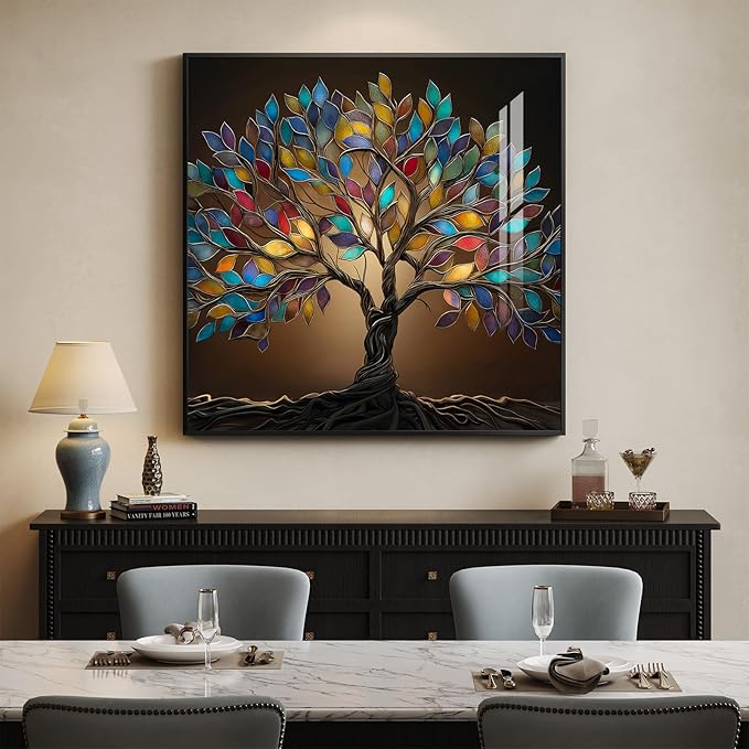 Framed Square Tree of Life Wall Art, Modern Contemporary Tree Painting Prints Artwork for Walls, Dark Colorful Elegant Picture for Living Room Bedroom Kitchen Office Dining Room Wall Decor, 30x30 In