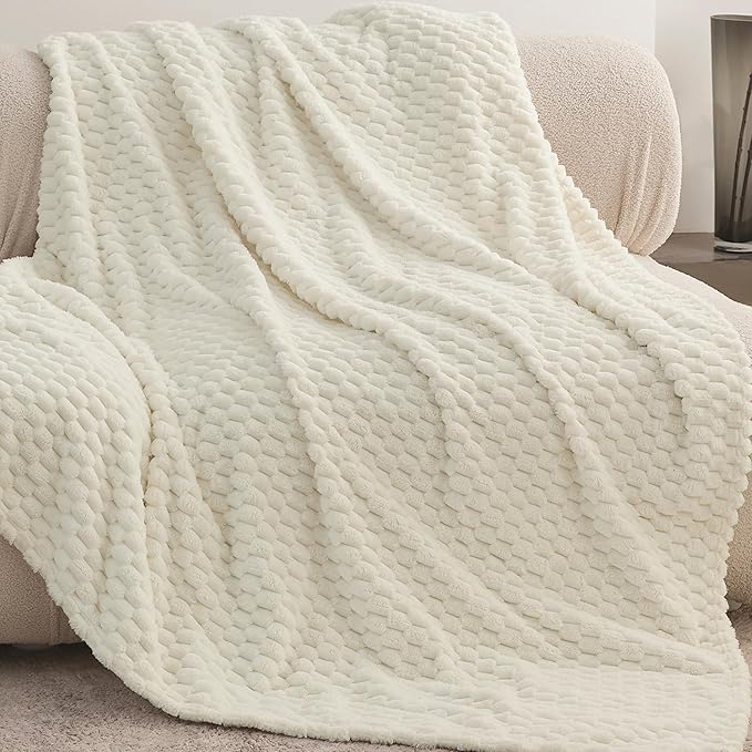 Super Soft Fleece Twin Blanket 50x70 Inches for Couch, Premium Silky with 3D Imitation Turtle Shell Jacquard Decorative Blankets, Lightweight and Cozy for Sofa.Ivory