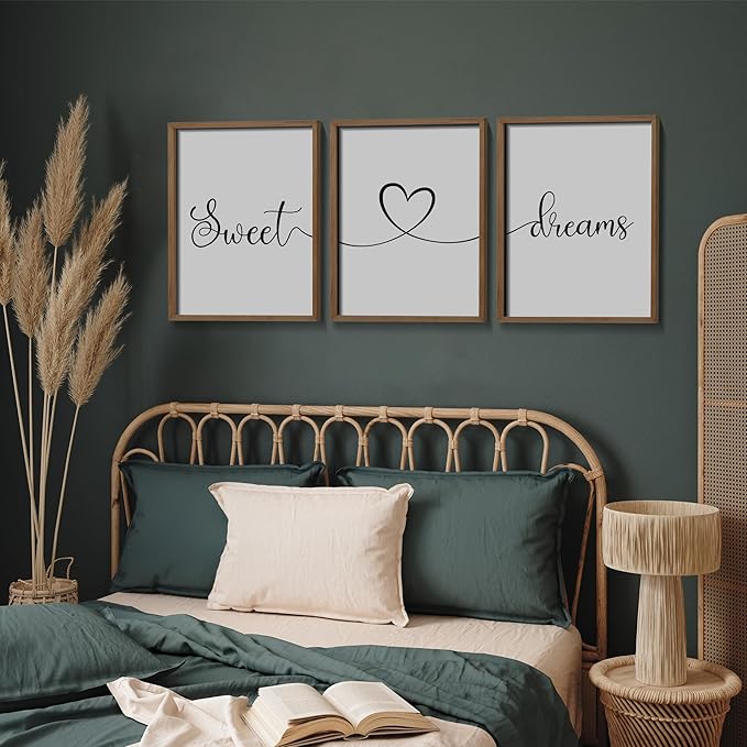 Ronasip Sweet Dreams Wall Decor for Bedroom Set of 3 Framed Wall Art for Farmhouse Rustic Home Master Bedroom Decor (11”x14”, Brown)