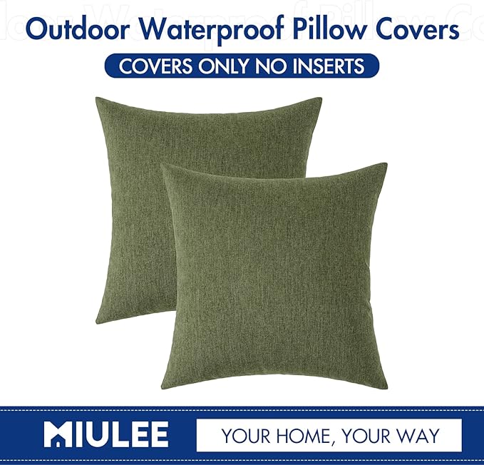 MIULEE Pack of 2 Decorative Outdoor Solid Waterproof Throw Pillow Covers Faux Linen Garden Farmhouse Cushion Cases for Patio Tent Balcony Couch Sofa 18x18 Inch Dark Green