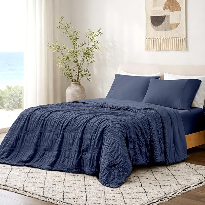 Cozy Bliss Striped Seersucker Cooling Comforter Twin Size, Lightweight Airflow Silky Cooling Bedding with Q-Max>0.45 for Bedroom, Home Decor, Hot Sleepers & Night Sweats, Navy Blue 68"x90"