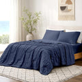 Cozy Bliss Striped Seersucker Cooling Comforter King Size, Lightweight Airflow Silky Cooling Bedding with Q-Max>0.45 for Bedroom, Home Decor, Hot Sleepers & Night Sweats, Navy Blue 106"×90"