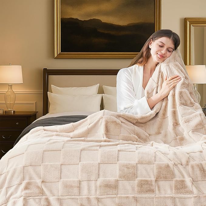 Cozy Bliss Checkered Faux Rabbit Fur Twin Blanket for Bed, Soft Fuzzy Blankets for Women Men, Furry Fleece Throw for Sofa Bedroom Living Room (60 * 80 Inches Beige)