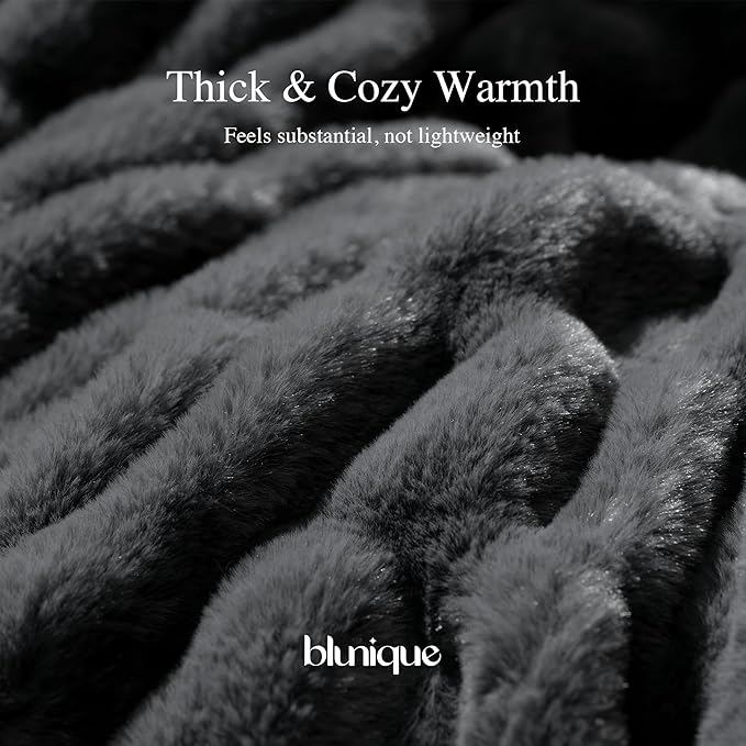 Faux Fur Blanket, Twin Size Oversized Throw Blanket for Couch, Fluffy Blanket with Stretch Ruched Design, Ultra Soft Giftable Home Decor, 60x80 inches, Charcoal Grey