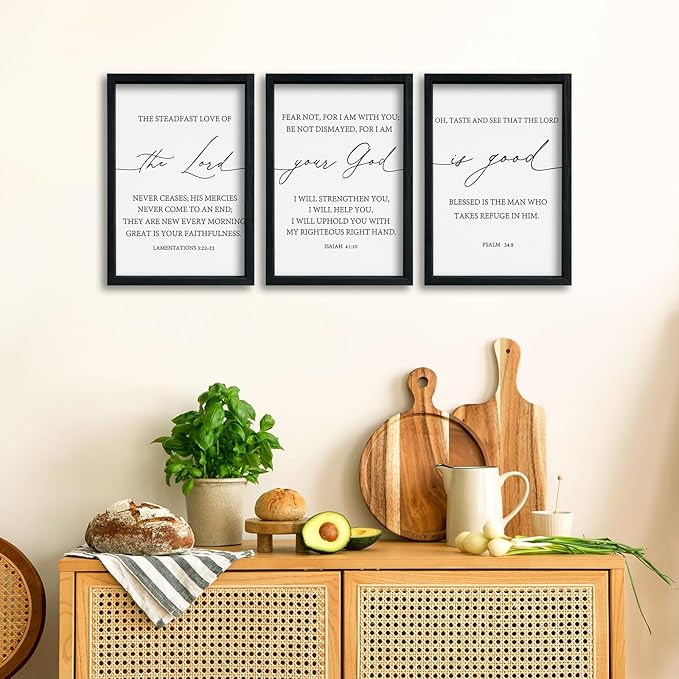 Bible Verses Christian Wall Decor Art The Lord Your God Is Good 16"x11" Set of 3 Scripture Bedroom Above Bed Sign Religious Rustic Home Office Living Room Wall Hanging (Black)