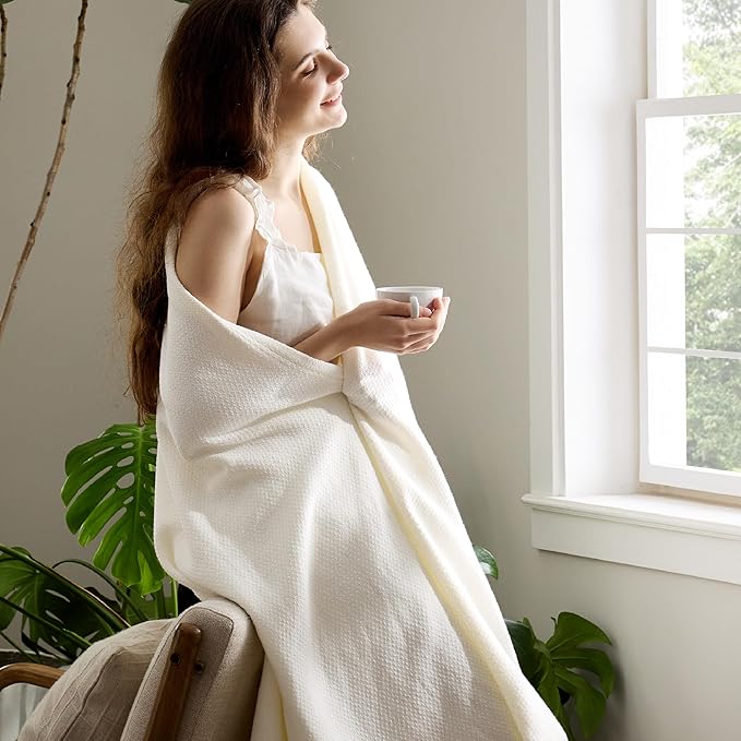 Bedsure GentleSoft 100% Cotton Large Throw Blanket for Couch 50x70 inches - Breathable and Lightweight, Soft Cozy Herringbone Woven Cotton Throw for Summer, Cream Office Chair Blanket