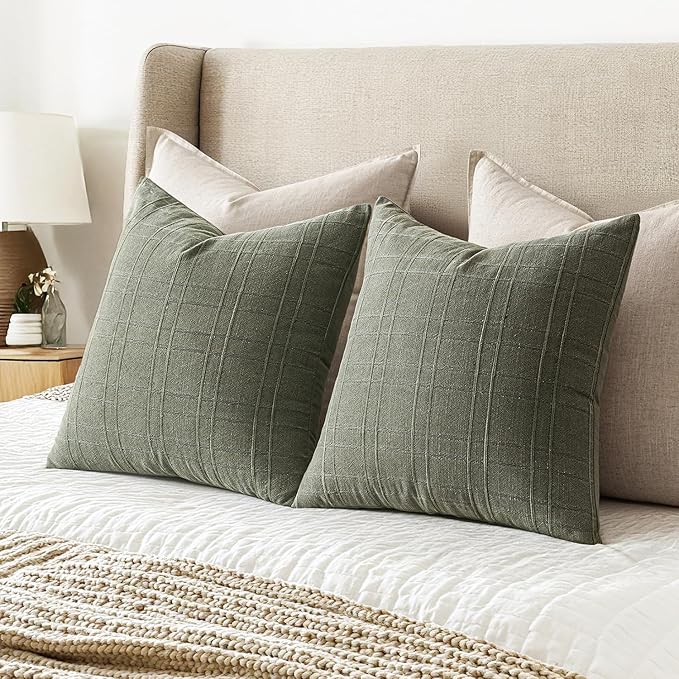 MIULEE Decorative Linen Check Throw Pillow Covers Neutral Farmhouse Vintage Spring Pillow Covers 20x20 Set of 2 Boho Modern Home Decor for Sofa Couch Bedroom Cushion Olive Green