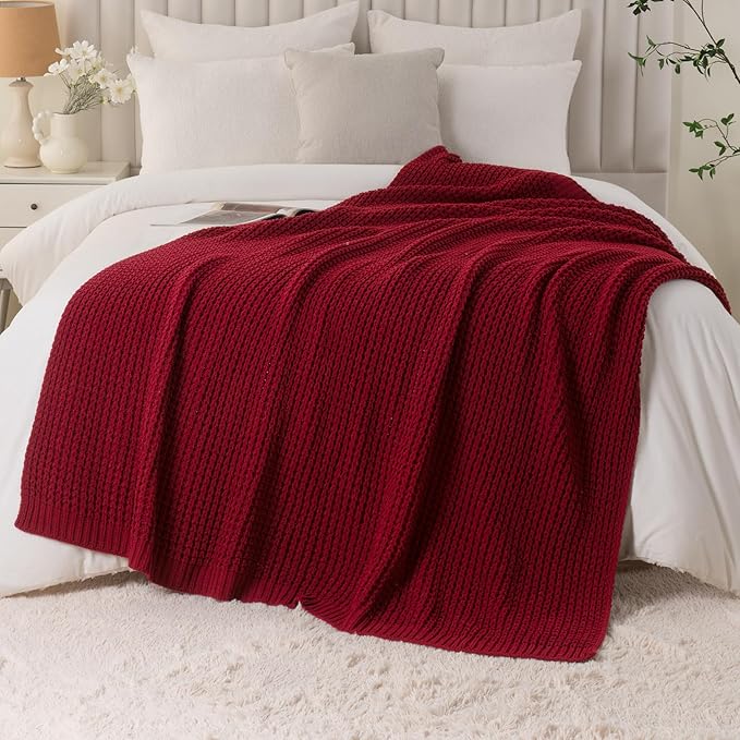 Bunnikins & Clover Christmas Throw Blanket for Couch, Knitted Waffle Throw Blanket, Red Blanket Throw for Women Mothers Birthday Gifts, 60"x80"