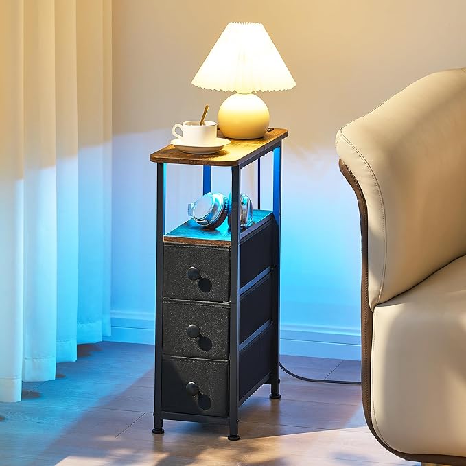 Narrow End Table with Charging Station, Narrow Side Table with Drawer, Small Nightstand with LED Light, Skinny Nightstand, Small Bedside Table for Living Room, Bedroom, Couch, Rustic Brown