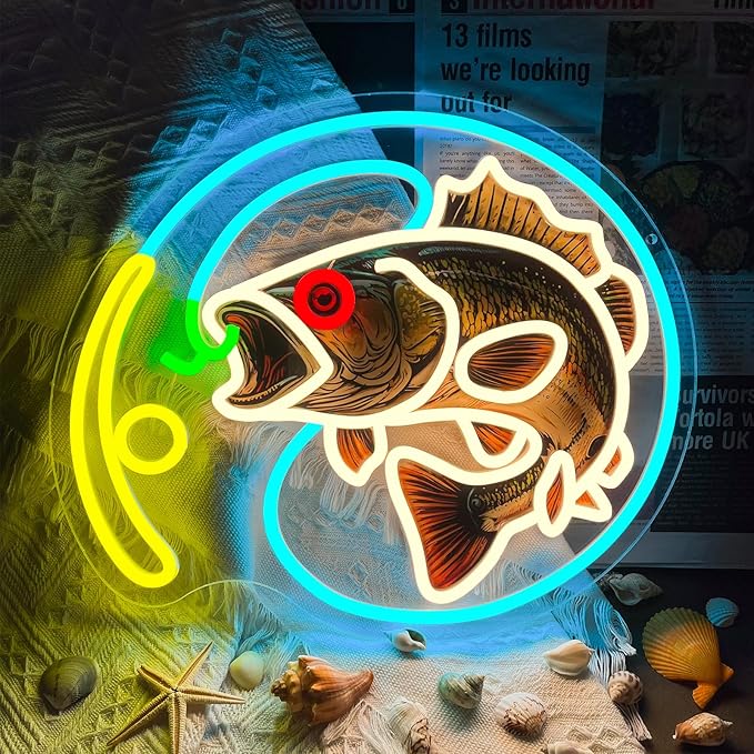 Fishing Neon Sign, Dimmable Fishing Hook Lights Neon for Wall Decor, Fishing Themed LED Neon Light Sign for Fishing Lovers Fishing Gear Store Man Cave Yacht Party Coastal Kitchen Bedroom Boy Presents (Fishing printing)