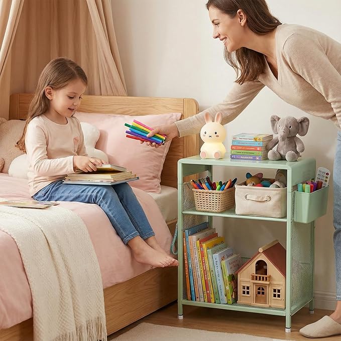 Kids Nightstand, 3-Tier Metal Side Table with Adjustable Storage Shelf, Basket & 3 S-Hooks, Small Bedside Table for Nursery, Toddler Bedroom and Small Spaces (Green)